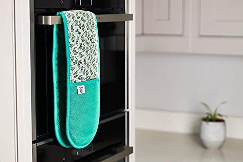 Heat Resistant Green Oven Gloves | Double Oven Mitt Pot Holder With Silicone Non-slip Design For Home Kitchen Baking | Best Modern Stylish Cooking Oven Glove Mitts.