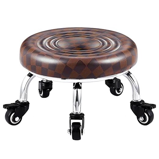 Lorvain Low Stool with Wheels, Roller Seat Short Rolling Stools with Universal Swivel Caster Wheels Leather Little Low Small Stools on Wheels for Home Garage to sit on- Brown