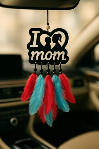 Image of Handmade Dream Catcher Car Ornament - Stylish Rear View Mirror Hanging Accessory - Elegant Car Interior Decoration - Good Luck & Positive Energy Charm (1, I Love Mom)