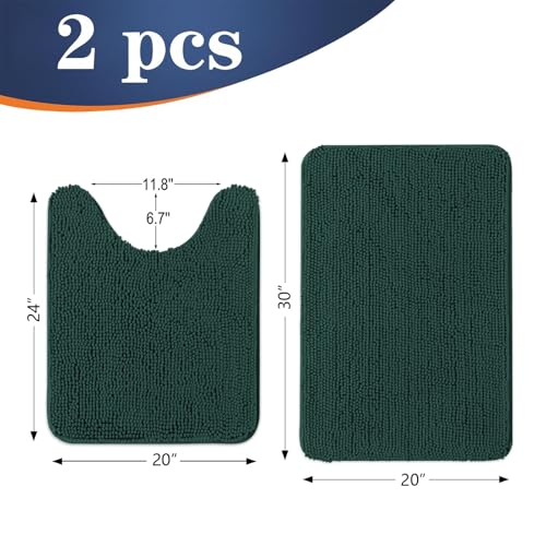 Image of OLANLY Bathroom Rugs Sets 2 Piece, Soft Absorbent Chenille Bath Mats and U-Shaped Contour Toilet Mat Rug Set, Machine Washable Bath Carpet, Home Decor Accessories(30 inchx20 inch+24 inchx20 inch, Blackish Green)