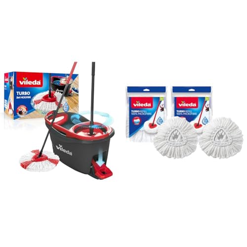 Vileda Turbo Juego de Cubo de fregona para Suelos giratoria con Pedal - Mango telescópico 85 & 160504 EasyWring and Clean Turbo Classic, Cabezal de Recambio de fregona de Microfibra