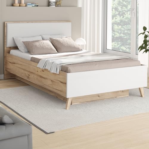 Forte VANKKA Bettgestell, Liegefläche: 120 x 200 cm, modernes Bett mit Polsterkopfteil, Schlafzimmer, Holzwerkstoff, Planked Eiche Holzdekor, 127,4...