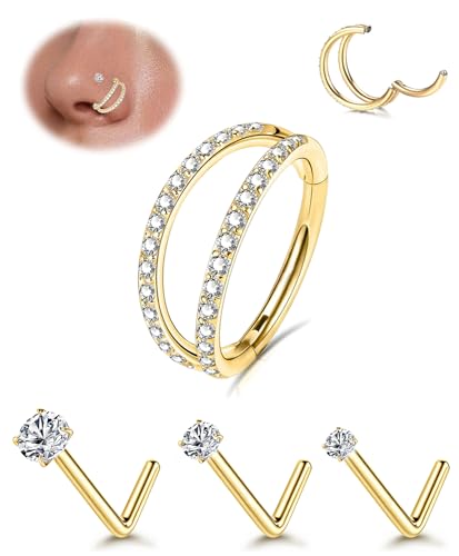 18G/16G Nose Rings Hoop and 20g Nose Studs Sets for Women Men, Hypoallergenic 316L Surgical Steel Hinged Clicker Segment CZ Nose Hoops Double Hoop Nose Ring Septum Lip Helix Cartilage Daith Tragus Sleeper Earrings Gold Silver L Shape/Corkscrew Nose Studs Nostril Small Piercing Jewelry, Pack of 4Pcs