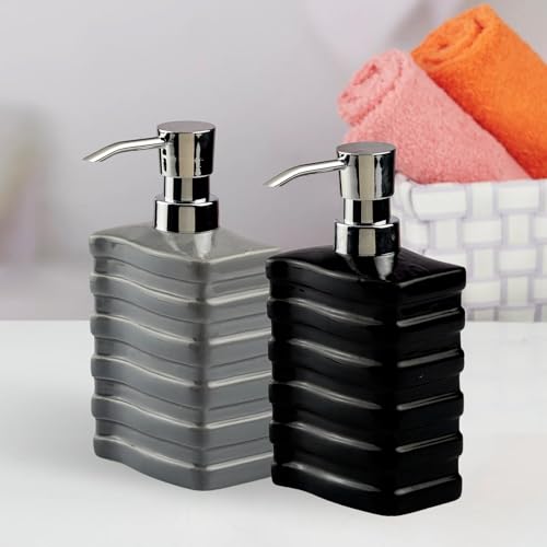 Image of SaSaSa Ceramic Soap Dispenser with Stylish Refillable Pump Bottle for Bathroom Handwash & Kitchen Wash Basin, Perfect for Hand Soap, Lotion and Shampoo, Grey /Black, (Set of 2) (10537)