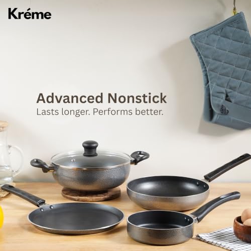 Image of Kreme Non Stick Cookware Set 4pcs | Aluminium Cookware Set Combo | Non Stick Flat Tawa, Fry Pan, Sauce Pan, Kadhai with Lid | Uses Less Oil | Non-Induction Base | Gas Stove Compatible Kitchen Set