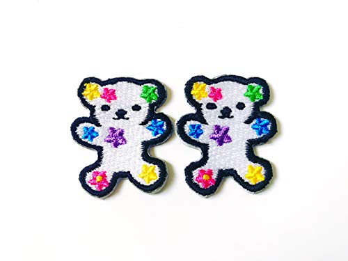 TH Set of 2 Tiny. Mini White Teddy Bear Cute Cartoon Logo Patches Sew Iron on Embroidered Applique Badge Sign Patch Clothing Costume