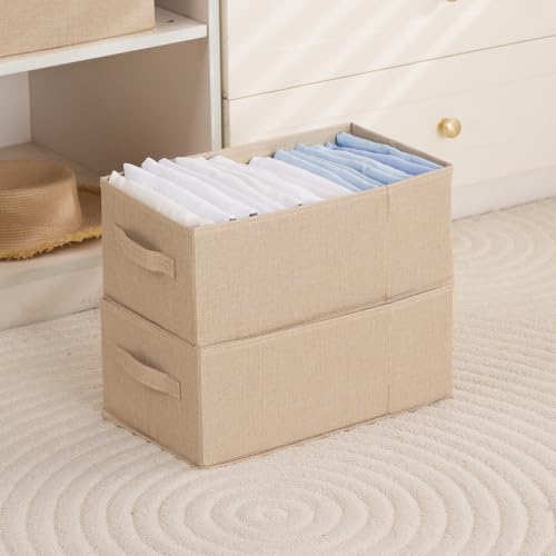 Image of HOKIPO Foldable Storage Boxes for Clothes Organizer for Wardrobe | Storage Bins for Wardrobe Fabric Organizers with Handle, Medium, Pack of 2 - Beige (AR-6684-BGE*2)