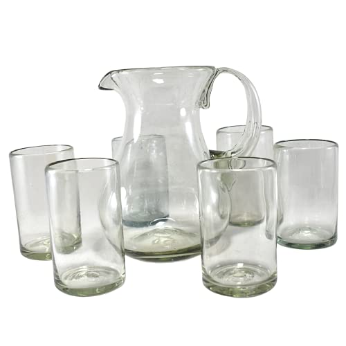 Set de jarra con 6 vasos de vidrio soplado 14 oz