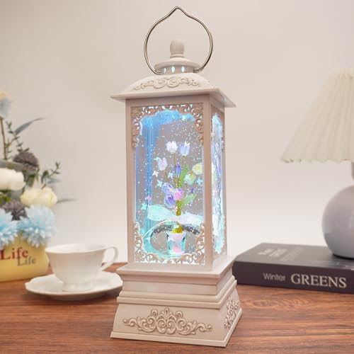 Crystal Colorful Tulip Flower Snow Globe Lantern with Music & 6H Timer Spring Summer Glitter Globe Lamp RGB Lighted Snow Globe USB & 3AA Battery Operated Gifts for Mom Girls Women Decoration