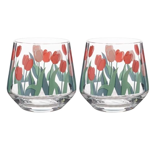 VANZACK Vasos de Retro Estampado de Tulipanes 400 Ml Pack de 2 Unidades Vasos para Beber Leche o Jugo Diseño Estilo Artístico Material y Transparente para Uso Diario y Decoración