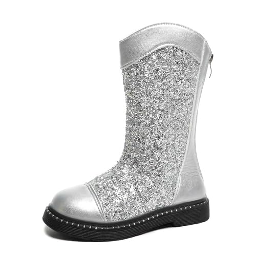 Generisch Botas de piel sintética brillantes para niña, moda de invierno, suela deslizante, botines cómodos para niños pequeños, plata, 29.5 EU