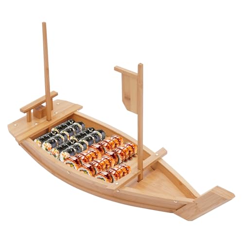 27.6in Bamboo Sushi Boat Serving Tray, Large Size Boat-Shaped Sushi Serving Tray for Catering Service, Sushi Plate for Restaurant or Home, 27.6 * 9.4in