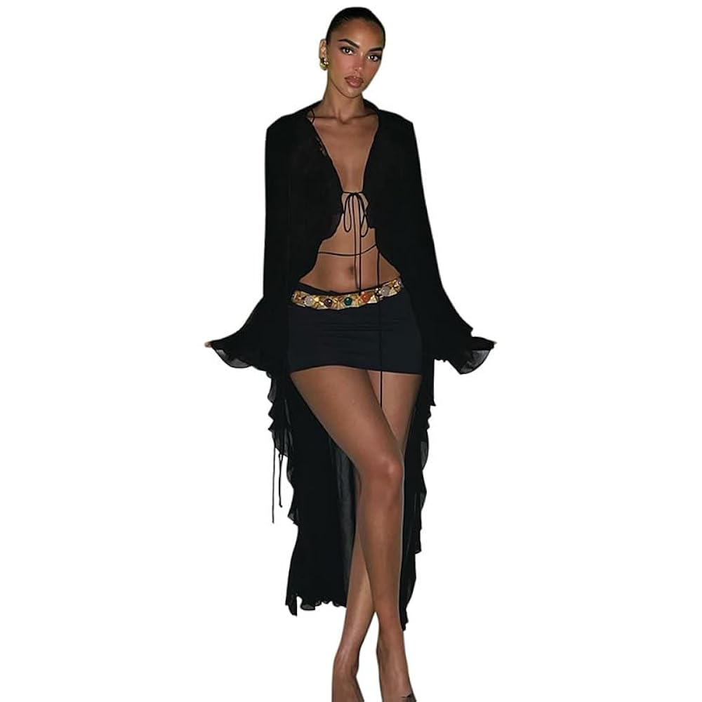 Women's Mesh Sheer Long Flared Sleeve Cardigan Maxi Dress