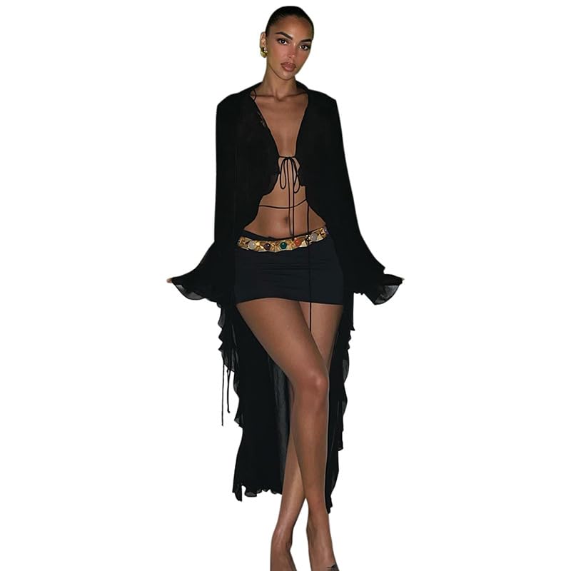 Women's Mesh Sheer Long Flared Sleeve Cardigan Maxi Dress Lace Up Ruffles See Through Beach Cover Ups Party Clubwear