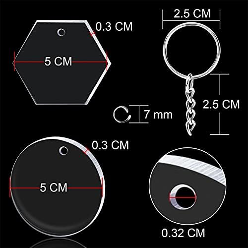 Duufin 200 Pcs Acrylic Keyring Blanks Tassels Set Including 50 Pcs Acrylic Clear Blanks in Hexagon and Round 50 Pcs Key Rings with Chain 50 Pcs Tassels and 50 Pcs Jump Ring for DIY Projects and Craft