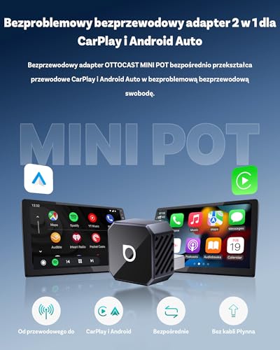 OTTOCAST Mini Pot, Bezprzewodowy Adapter CarPlay i Android Auto 2026, Dual-Band 2.4G+5G, Automatyczne Połączenie, do Samochodów z CarPlay po 2016