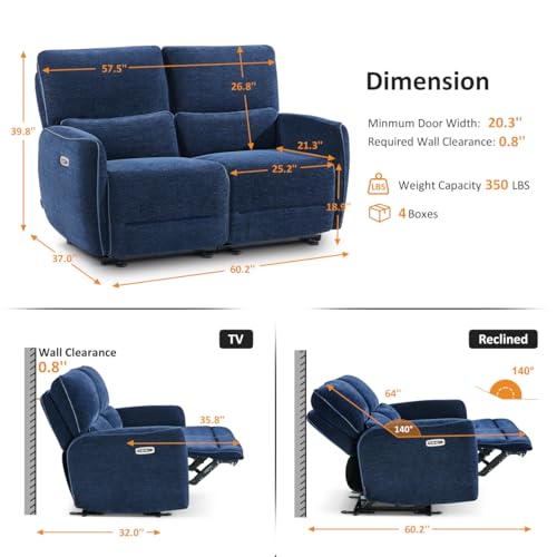 Image of MCombo 60 in Wall Hugger Reclining Loveseat Recliner, RV Sofa 6924 (Blue)