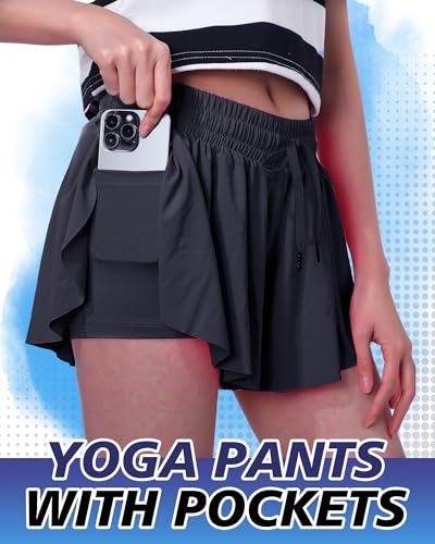 3 Pcs Flowy Running Shorts for Women 2 in 1 Butterfly Shorts with Pockets Spandex Liner Athletic Workout3