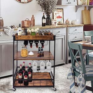 Miniatura 6 de aboxoo Carrito de bar de vino de 3 niveles grande para el hogar, estante de vino rodante con ruedas, carrito de servicio de cocina móvil, estilo