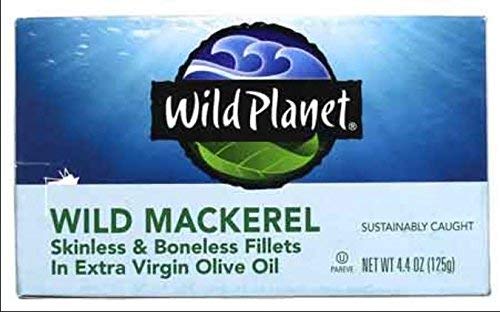Wild Planet Wild Mackerel Fillets in Organic Extra Virgin Olive Oil, Skinless & Boneless, Tinned Fish, 4.4 Ounce ( Pack of 12)