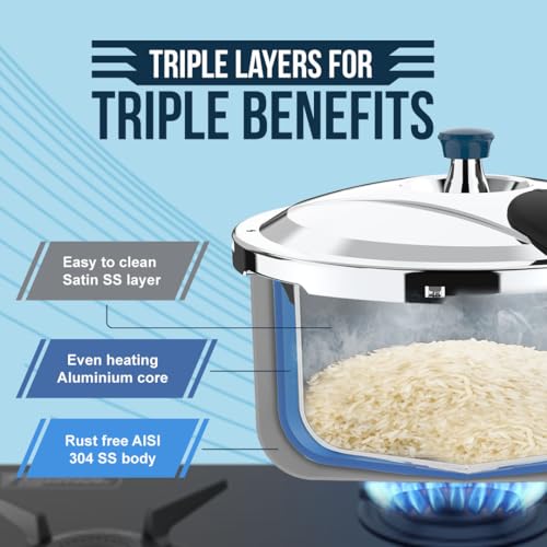 Image of ULTRA Duracook Triply 1.5 L Pressure Cooker | AISI 304 Food Grade Stainless Steel Cooker, Froth Collector, Solid Bakelite Handles, Induction Compatible, Broad Base, 5 Years Warranty