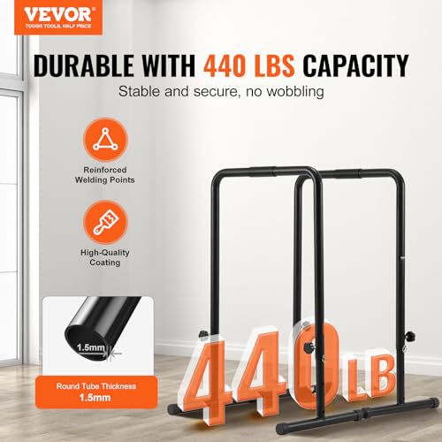 VEVOR Dip Bars, 440 lbs Capacity, Heave Duty Dip Stand Station with Adjustable Height, Fitness Workout Dip Bar Station Stabilizer Parallette Push Up Stand, Parallel Bars for Strength Training Home Gym by VEVOR - Image 2