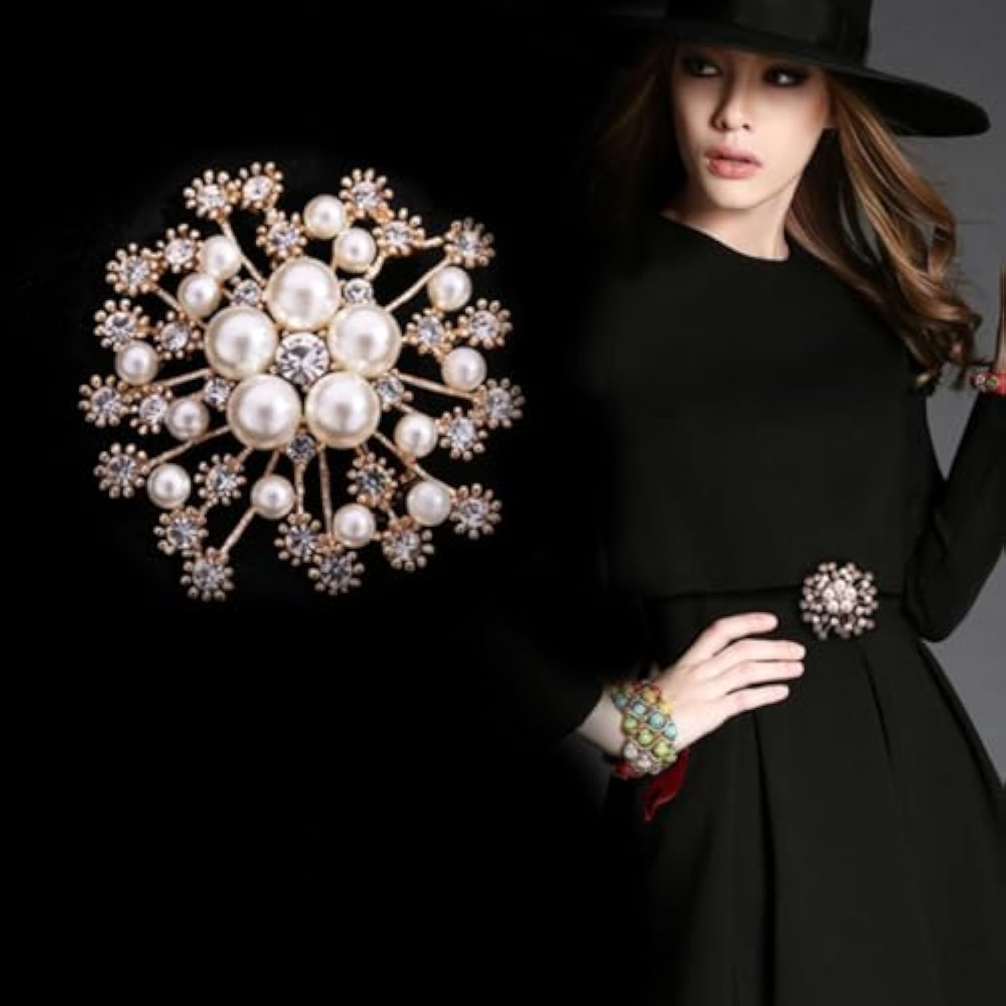 Pearl Crystal Snowflake Flower Brooch Pin Badge