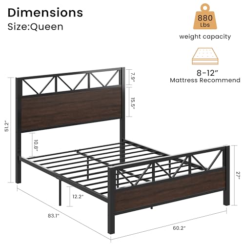 Image of LIKIMIO Queen Bed Frame, Tall Industrial Headboard 51.2 inch, Platform Bed Frame with Strong Metal Support, Solid and Stable, Noise Free, No Box Spring Needed, Easy Assembly, Dark Brown