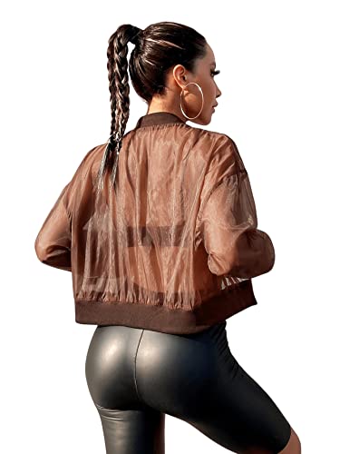 Sweatyrocks Women's Sheer Mesh Long Sleeve Zipper Front Crop Bomber Jacket Drop Shoulder Coat Coffee Brown S #TOP1