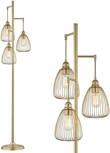 LeeZM Gold Industrial Floor Lamp for Living Room Modern Floor Lighting Rustic Tall Stand Up Lamp Vintage Farmhouse Tree Floor Lamps for Bedrooms, Office Torchiere Standing Lamp 3 Light Bulbs exclude