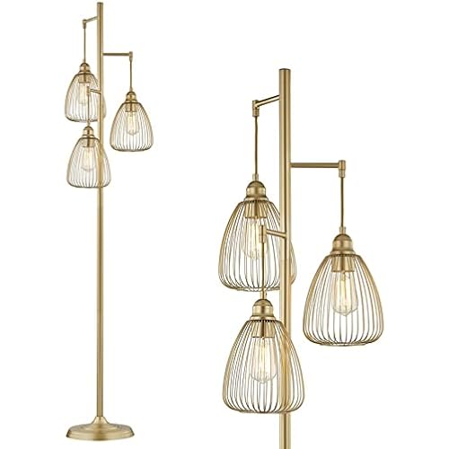 LeeZM Floor Lamp, Standing Farmhouse Lamp with 3 Teardrop Cage Head, Tall Vintage Industrial Pole Lighting (3 Bulbs exclude), Rustic Torchiere Tree Floor Lamp for Living Room, Home, Office - Gold