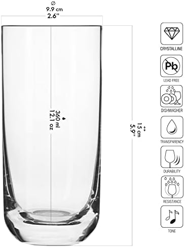 Krosno Long Tall Water Juice Mojito Drinking Glasses | Set of 6 Highball Glasses | 360 ML | Half Pint Cocktail Glasses Tumblers | Perfect for Home and Parties | Dishwasher Safe Tumbler Glasses