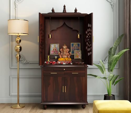 Image of Wooden Temple for Home | Big Pooja Mandir, Puja Ghar with 2 Drawer Storage, 4 Door Cabinet & Dhoop Batti Slider Stand | Solid Wood Sheesham Temple | Big puja mandir (G-Walnut)