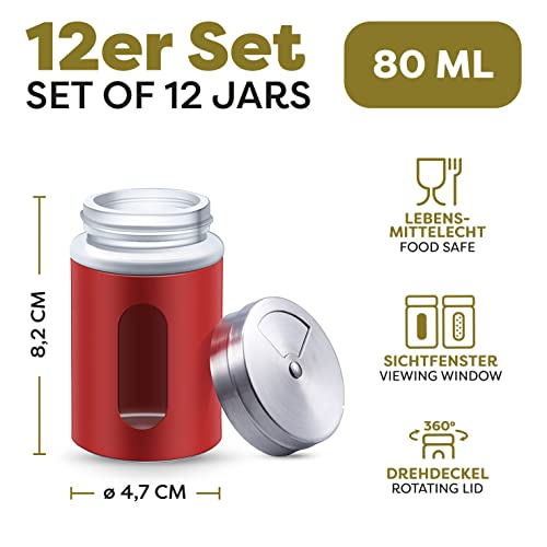 Foto von Praknu 12 Gewürzdosen Rot I Gewürzstreuer Edelstahl Set 80ml I Mit Sichtfenster - 3 fach Streuregulierung I Gewürzgläser für Gewürze/Kräuter