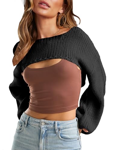 Womens Crochet Crop Tops Shrug Sweater 2025 Y2K Bolero Shoulder Knit Loose Trendy Cropped Sweaters（Petite）