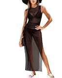 Swimsuit Cover Up Black Cover Ups Swimwear Women Long Sheer Dress Sexy Mesh See Through Drawstring High Split Coverups