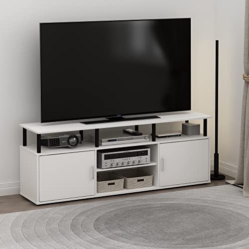 Image of Furinno Jensen Entertainment Center Stand for TV up to 70 Inch, Plastic Pole, Solid White /Black