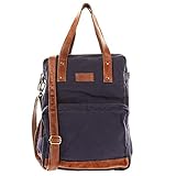 LECONI Rucksack & Umhängetasche in einem für Damen & Herren Retro Backpack Canvas + echtes Leder Bodybag DIN A4 Schultertasche 2in1 Freizeitrucksack 28x37x13cm navy LE1014-C