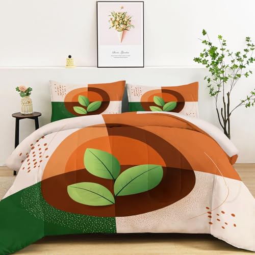 Edredón Reversible Sin Funda para 2 Personas, Edredón Nórdico Moderno Geométrico Hojas Círculos 4 Estaciones Suave Cálido - Marrón Claro Juego de Cama200 x 200 cm con 2 Fundas de Almohada
