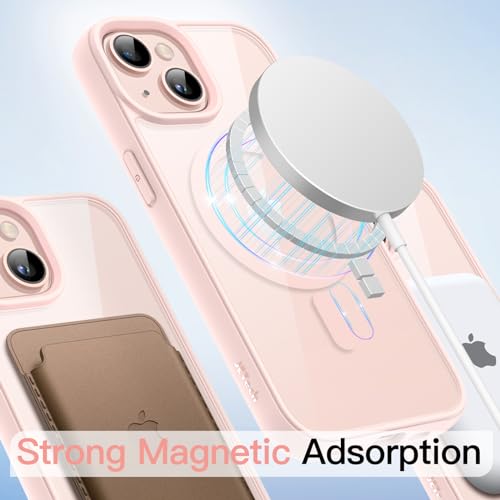 JETech iPhone 13 6.1インチ用 マグネット ケース MagSafeに対応 衝撃吸収 バンパーカバー ソリッドカラーマットTPUフレーム 傷つけ防止 クリアバック (ピンク)