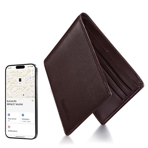Image of Wallet for Men, Built-in Bluetooth Tracker with Apple Find My (iOS Only), Air Tag Wallet, Leather RFID Blocking Bifold Mens Wallets with GPS Tracker, Rechargeable, Gift for Him, Brown