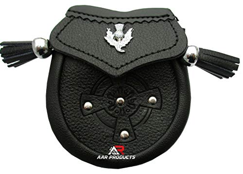 AAR Baby Leather Sporran Thistle Badge Celtic Design 2 Tassels Free Belt Chain3