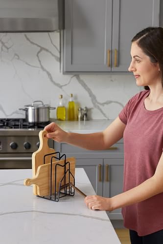 Image of Pan & Pot Lid Organizer Rack - Multifunctional Cookware for Cabinet, Pantry Chopping Board Holder, Space-Saving Kitchen Organizer, Black (6 x 9 x 9.25 Inches) (HUT-RACK)