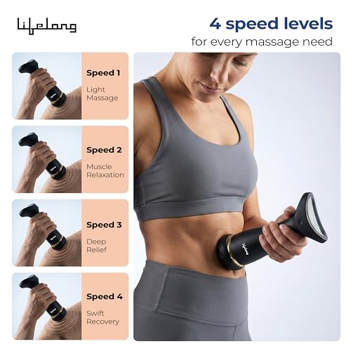 Image of Lifelong Flathead Massager | Body Massager for Pain Relief | 4 Specialized Heads for Targeted Therapy | 4 Speed Levels | Heat Therapy | Full Body Electric Percussion Massager for Adults | Black