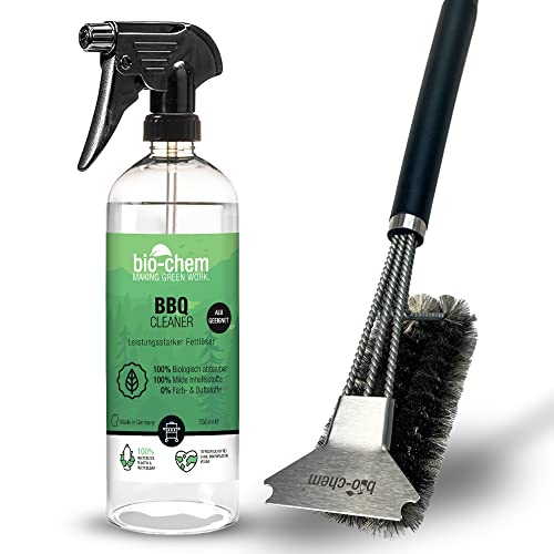 bio-chem BBQ-Cleaner Grillreiniger 750 ml + Grillbürste I Grill-Spray zur Reinigung in Profi-Qualität I Grillrost Pflegespray geruchsneutral & schonend für Jede Oberfläche, besonders Aluminium