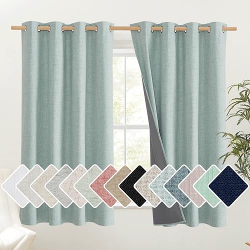 NICETOWN 100% Absolutely Blackout Linen Curtains with Thermal Insulated Grey Liner, Seafoam Green, 52 inches Wide, 63 inches Length Energy Saving Curtains for Bedroom 2 Panels Set, Vertical