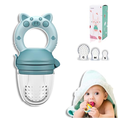 Mordederas Y Chupones, Baby Product Chupón Para Fruta Y Papilla con Seguro Y Tapa Dibujos Animados, Libre de BPA (AZUL)