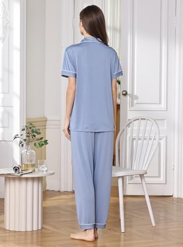 Image of WJing Yi Jia Womens Soft Pajamas Set XS-XXL Button Down Sleepwear Short Sleeves Pajama sets with Long Pants Pj Set Nightwear