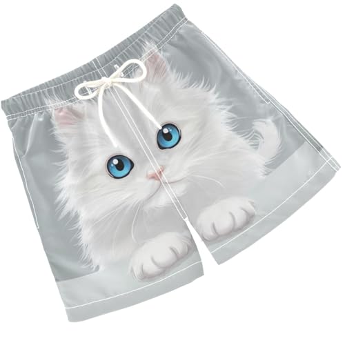 Pigsaly Boys Swim Trunks Cartoon White Cat Persiam Animal Boys Board Shorts Swimsuit Swimwear Summer Bathing Suit 4T