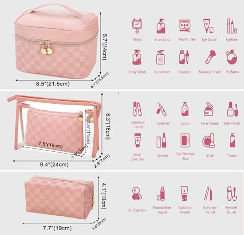 Checkered Makeup Bag 4 Pcs Waterproof Cosmetic Bag Set Portable Travel Cosmetic Bag Multifunction Organizer Storage Bag Toiletry Bag forWomen and Girls (PINK)2